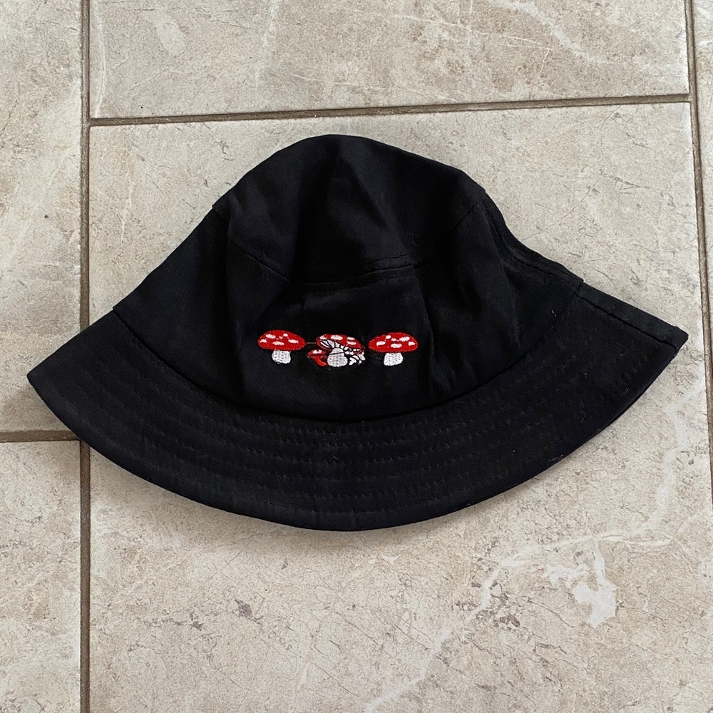 Urban Outfitters Black Red Mushroom Embroidered Bucket Hat